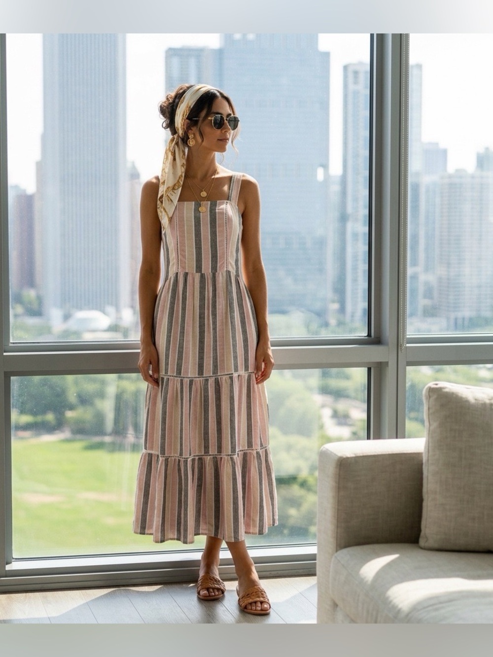 Caslon Pink Gray Stripe Linen Blend Tiered Maxi Dress Small